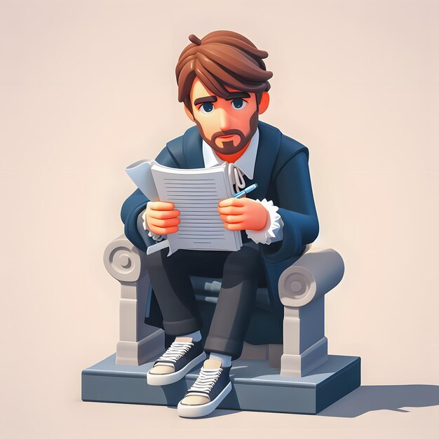 Hombre de dibujos animados sentado en una silla leyendo un periódico IA generativa