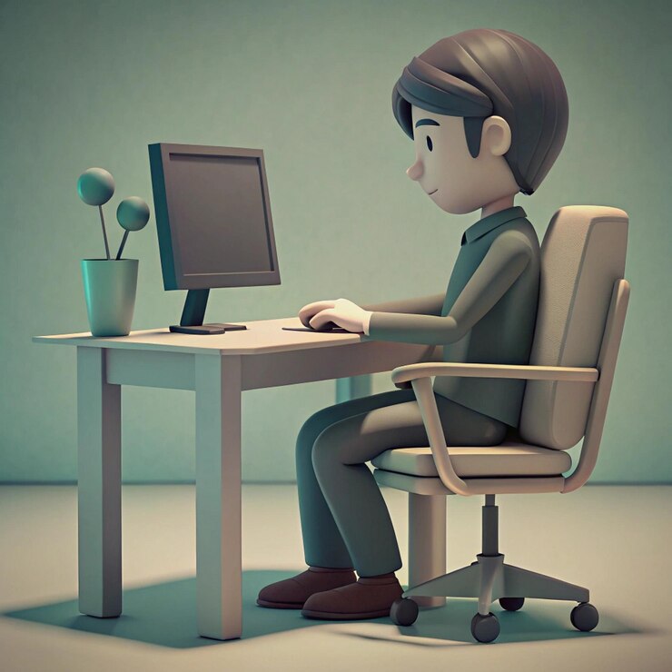 Foto un hombre de dibujos animados se sienta en una computadora con una computadora en su regazo