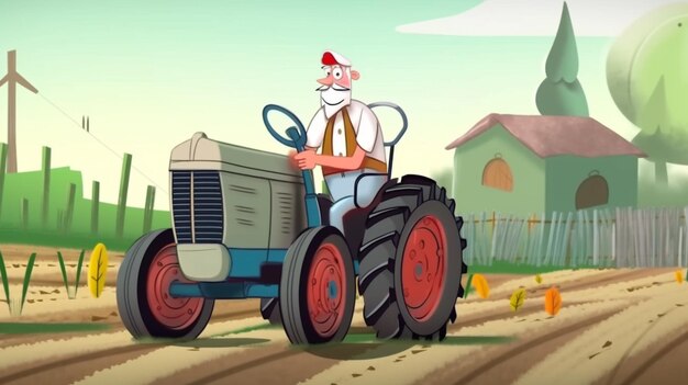 Foto un hombre de dibujos animados en un tractor en una granja.