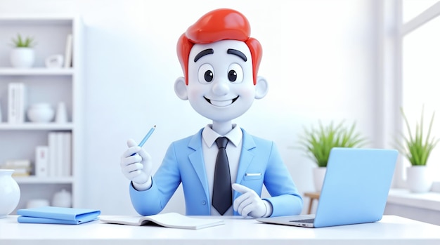 Hombre de dibujos animados en traje azul en el escritorio