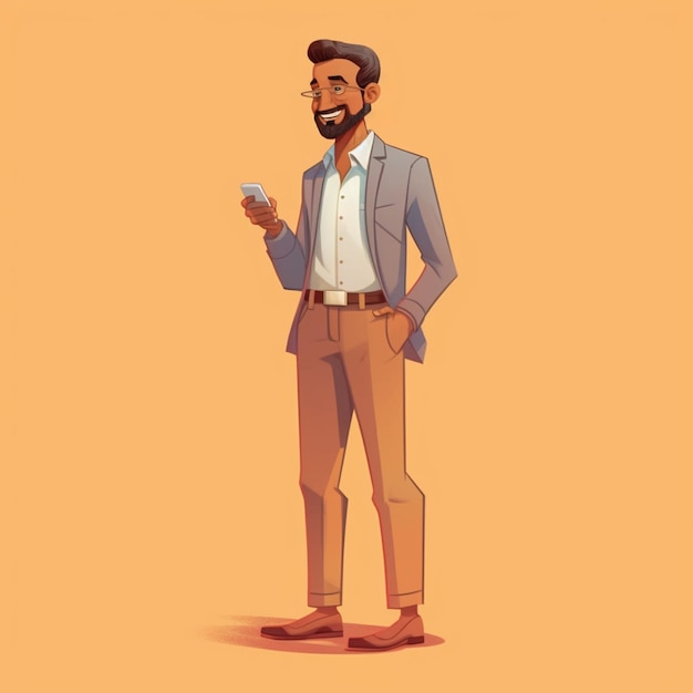 Foto hombre de dibujos animados con traje y corbata sosteniendo un teléfono celular ai generativa