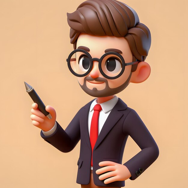 Hombre de dibujos animados en traje de negocios sosteniendo un teléfono celular y señalándolo IA generativa