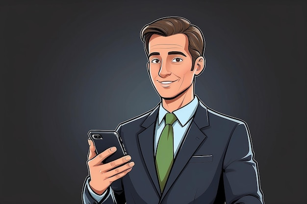 Hombre de dibujos animados en traje de negocios con teléfono móvil