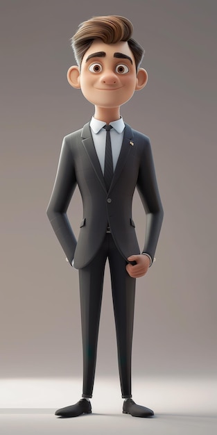 Un hombre de dibujos animados vestido con un traje y corbata está de pie con confianza