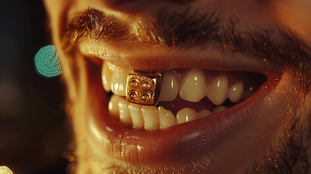 Foto un hombre con un diente de oro y una barba