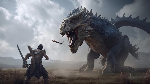 Un hombre y un dinosaurio gigante luchan entre sí.