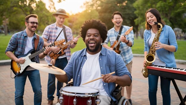 Foto hombre discapacitado feliz en silla de ruedas pasando tiempo con amigos tocando música instrumental en vivo