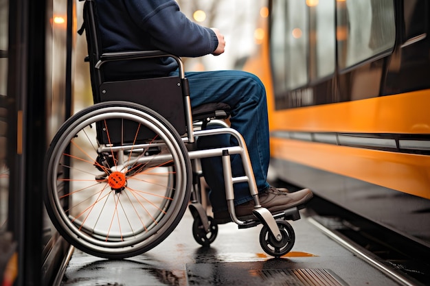 Hombre discapacitado en silla de ruedas esperando pacientemente el tren Imagen de archivo para el transporte