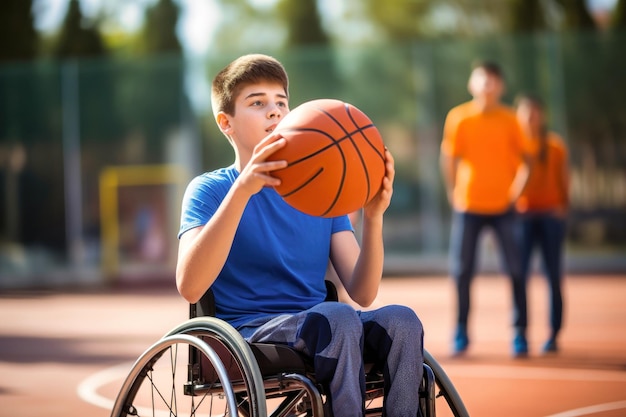 Un hombre discapacitado en silla de ruedas lanza una pelota de baloncesto a una canasta Deportes para personas con discapacidad Estilo de vida activo