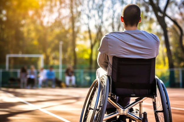 Un hombre discapacitado en silla de ruedas lanza una pelota de baloncesto a una canasta Deportes para personas con discapacidad Estilo de vida activo