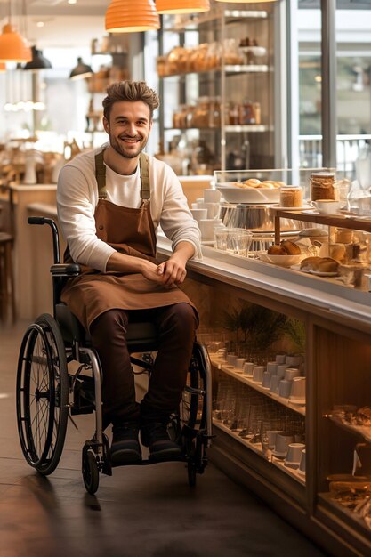 Hombre discapacitado en silla de ruedas trabajando en una cafetería