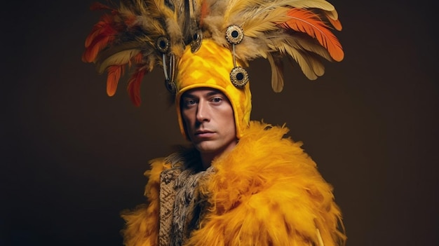 Un hombre con un disfraz de pájaro con una pluma amarilla