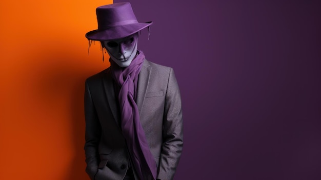 Un hombre con un disfraz y un sombrero de Halloween morado y naranja.