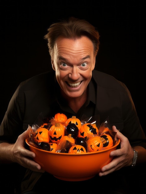 Foto hombre disfrazado de halloween sosteniendo un plato de dulces con una sonrisa traviesa