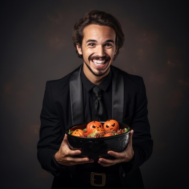 Hombre disfrazado de Halloween sosteniendo un plato de dulces con una sonrisa traviesa