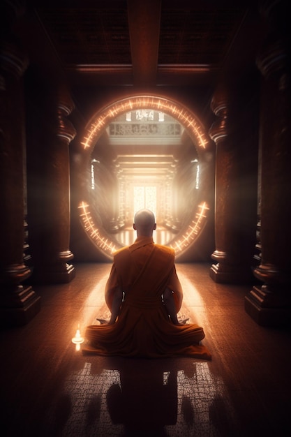 Un hombre disfrazado de monje se sienta frente a una gran puerta con las palabras "la última luz" en ella