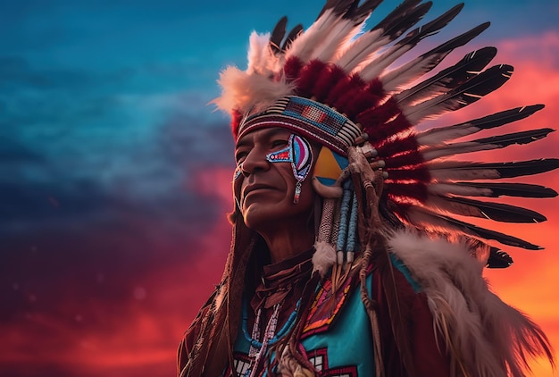 Un hombre disfrazado de nativo americano se para frente a un cielo.