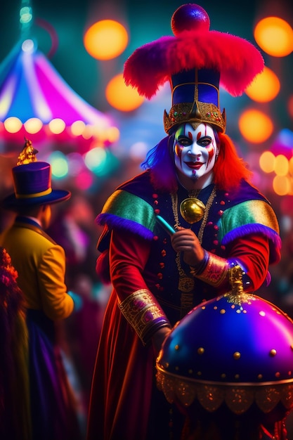 Un hombre disfrazado de payaso está parado frente a una colorida carpa de circo.
