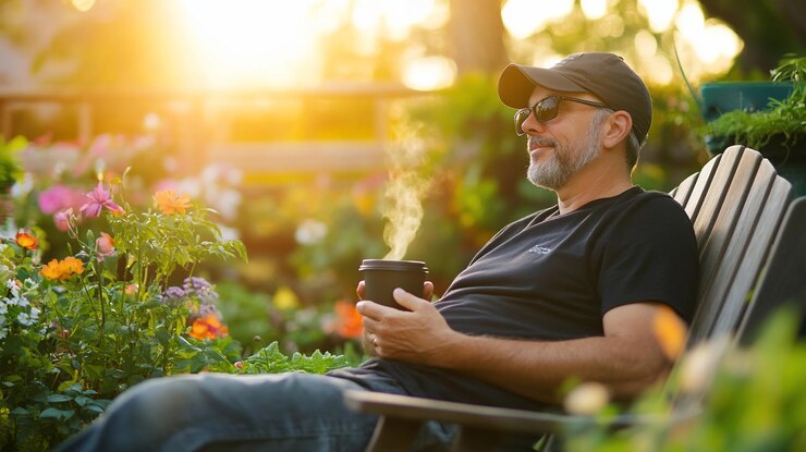 Hombre disfruta de café en el jardín al atardecer