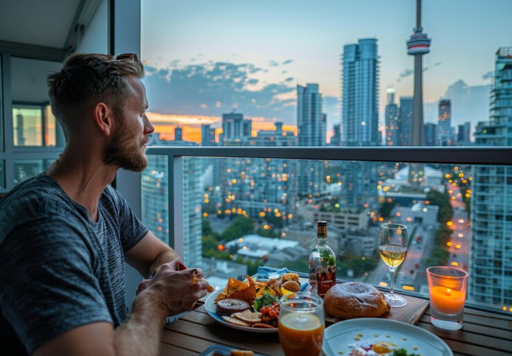 Un hombre disfruta de un desayuno gourmet en el balcón de un hotel de lujo con una vista panorámica de un vibrante horizonte de la ciudad El sol de la mañana arroja un caloroso resplandor sobre el elegante entorno