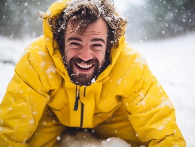 El hombre disfruta del día nevado de invierno en una postura lúdica