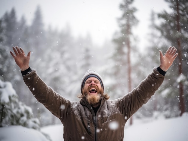 El hombre disfruta del día nevado de invierno en una postura lúdica