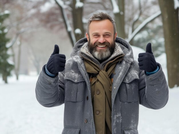 El hombre disfruta del día nevado de invierno en una postura lúdica