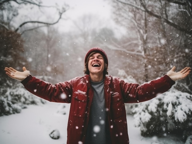 El hombre disfruta del día nevado de invierno en una postura lúdica