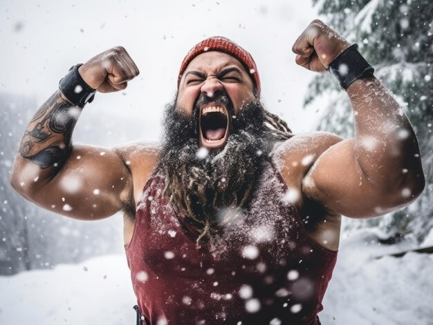 El hombre disfruta del día nevado de invierno en una postura lúdica