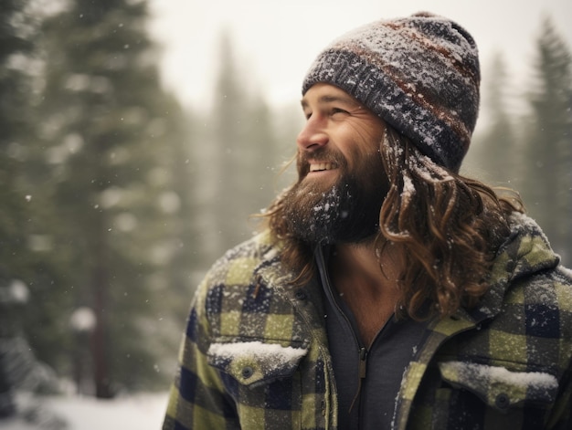 El hombre disfruta del día nevado de invierno en una postura lúdica