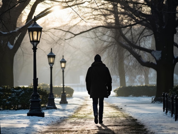 El hombre disfruta de un paseo tranquilo en un día de invierno.