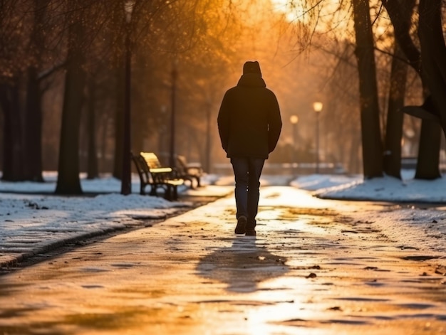 Foto el hombre disfruta de un paseo tranquilo en un día de invierno.