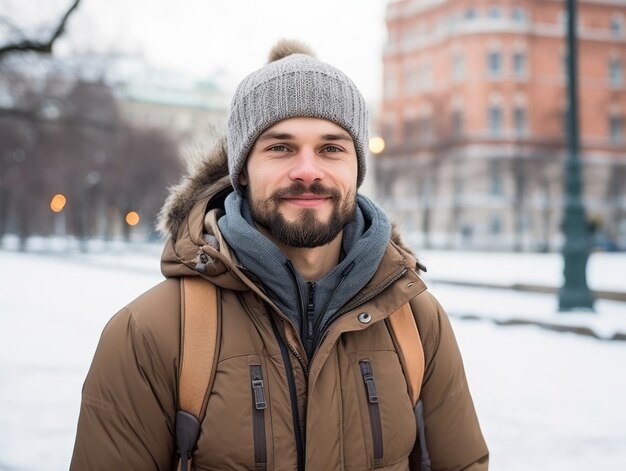 El hombre disfruta de un paseo tranquilo en un día de invierno.