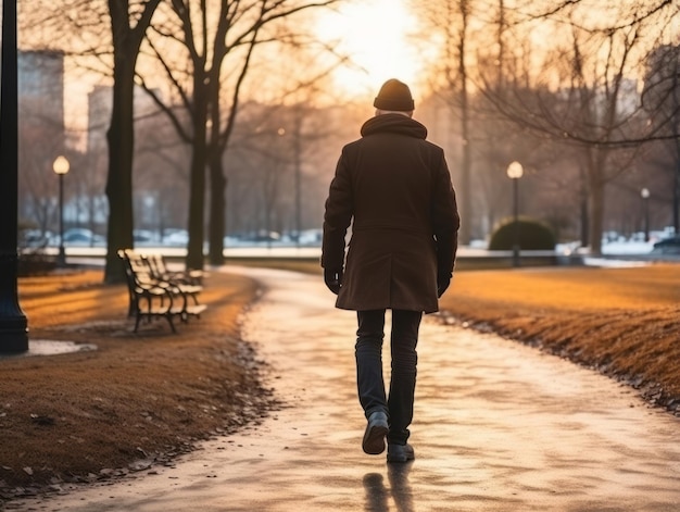 El hombre disfruta de un paseo tranquilo en un día de invierno.