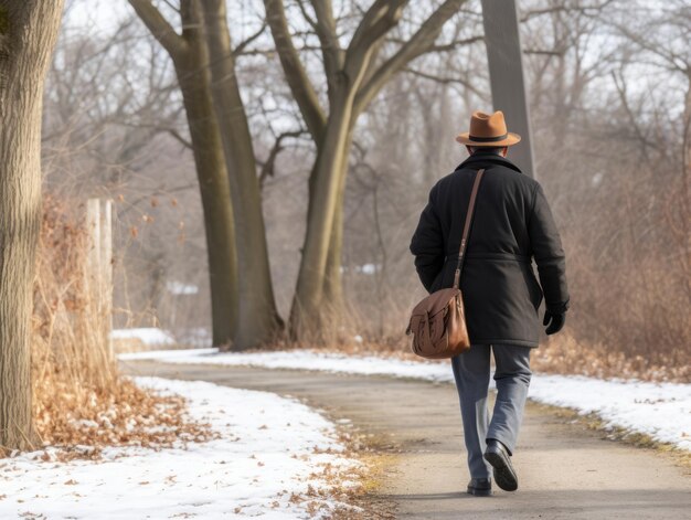 El hombre disfruta de un paseo tranquilo en un día de invierno.