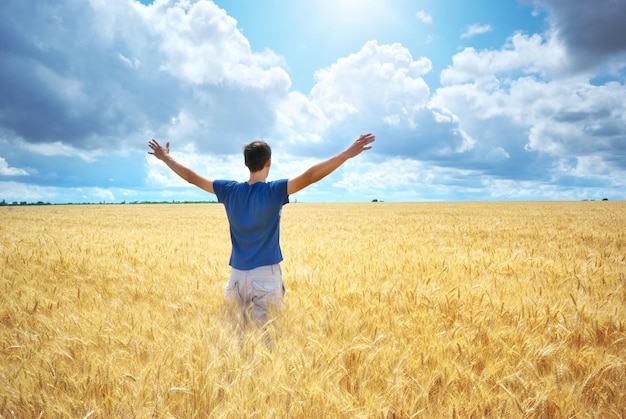 El hombre disfruta en el prado de trigo amarillo