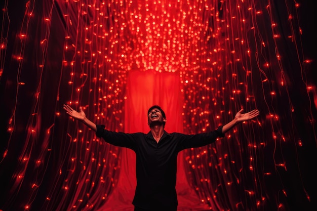 Foto un hombre disfrutando de las luces en un túnel de luces led