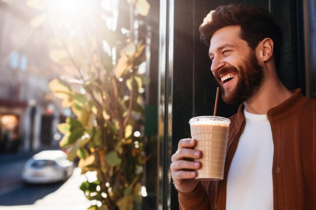 Hombre disfrutando de su chai latte helado al aire libre