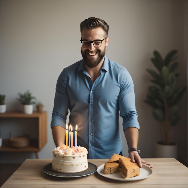 Un hombre disfrutando de su pastel de cumpleaños con una sonrisa