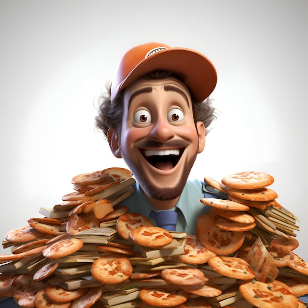 Hombre divertido 3D Ilustración de un hombre feliz con pizza