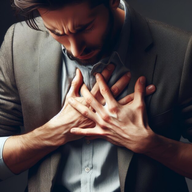 Foto un hombre con dolor en el corazón presiona sus manos contra su pecho