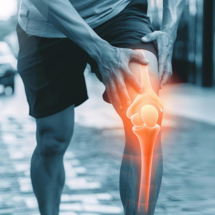 Hombre con dolor con lesión en la rodilla caminando por la calle de la ciudad sufriendo de enrojecimiento e incomodidad tiro de todo el cuerpo