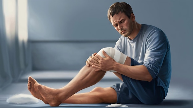 Hombre con dolor de rodilla espacio de copia