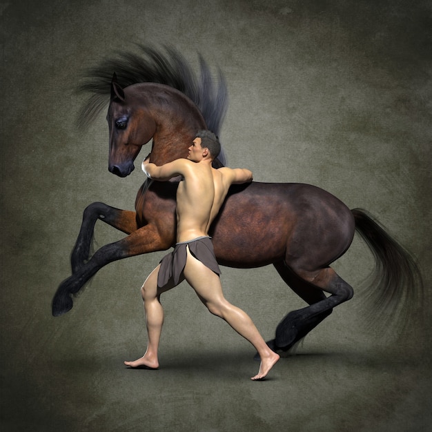 Foto un hombre domando un caballo. ilustración 3d