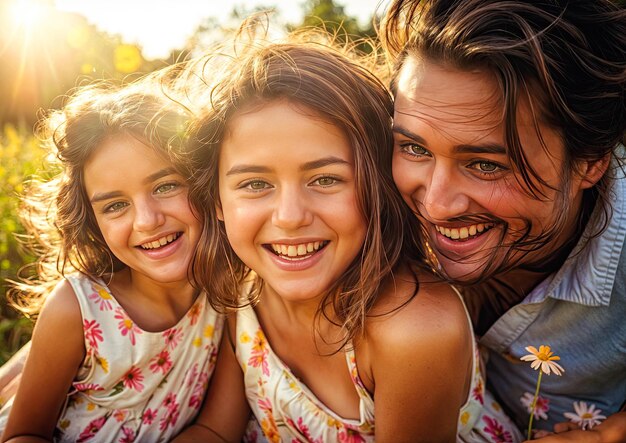 hombre y dos chicas jóvenes sonriendo a la cámara