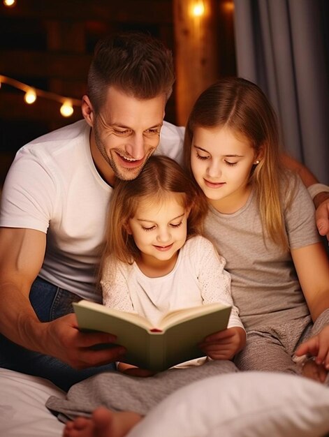 un hombre y dos chicas leyendo un libro en una cama