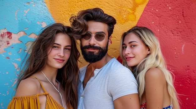 Un hombre y dos mujeres atractivas en un telón de fondo colorido explorando la idea del poliamor