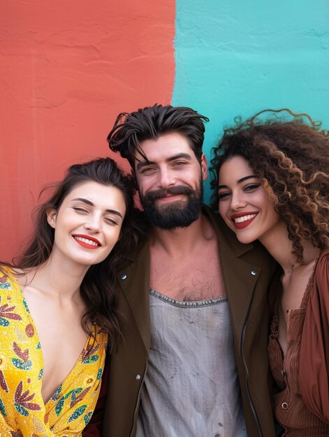Un hombre y dos mujeres atractivas en un telón de fondo vibrante que representa la idea del poliamor