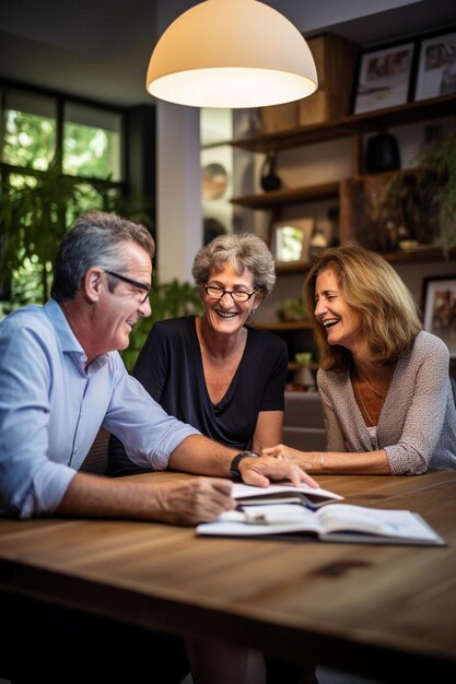 un hombre y dos mujeres están sentados en una mesa con un libro titulado el hombre está sonriendo