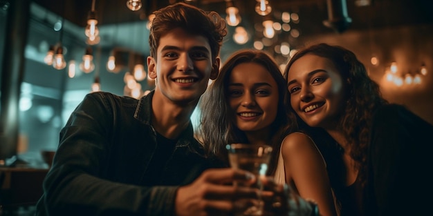 Un hombre y dos mujeres jóvenes bebiendo champán celebrando la IA generativa